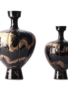 宋氏美学新中式简约黑色扫金亮面陶瓷小口花瓶艺术摆件家居摆件