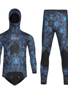 5mm猎鱼服男分体连帽CR光皮潜水服加厚保暖迷彩潜水衣冲浪冬泳衣