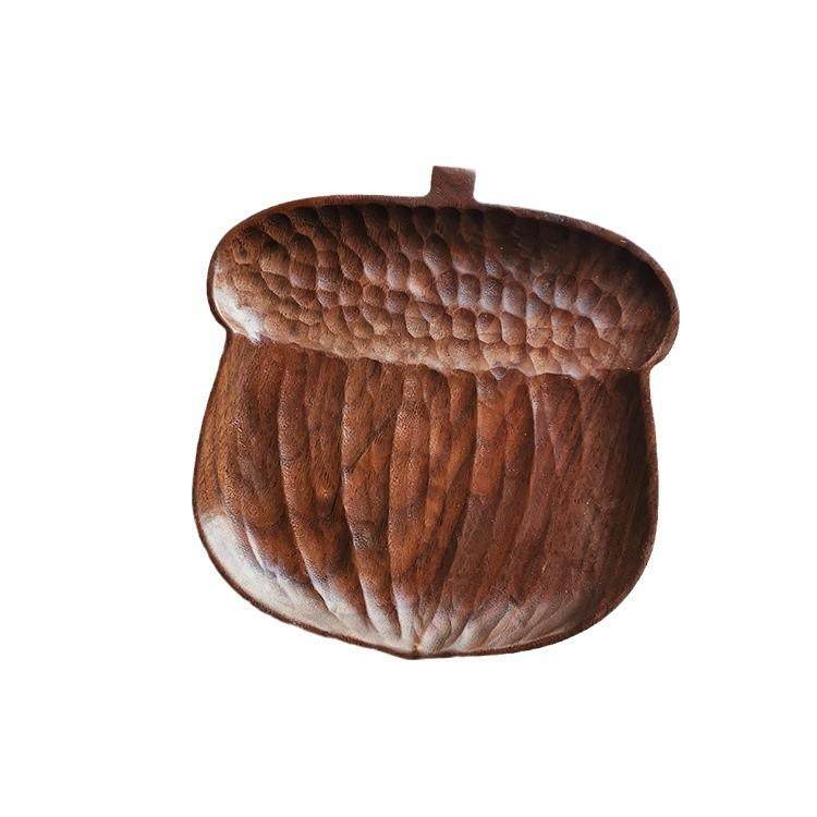 黑胡桃木整木手工雕刻板栗松果蘑菇木盘木碟置物盘茶盘托盘