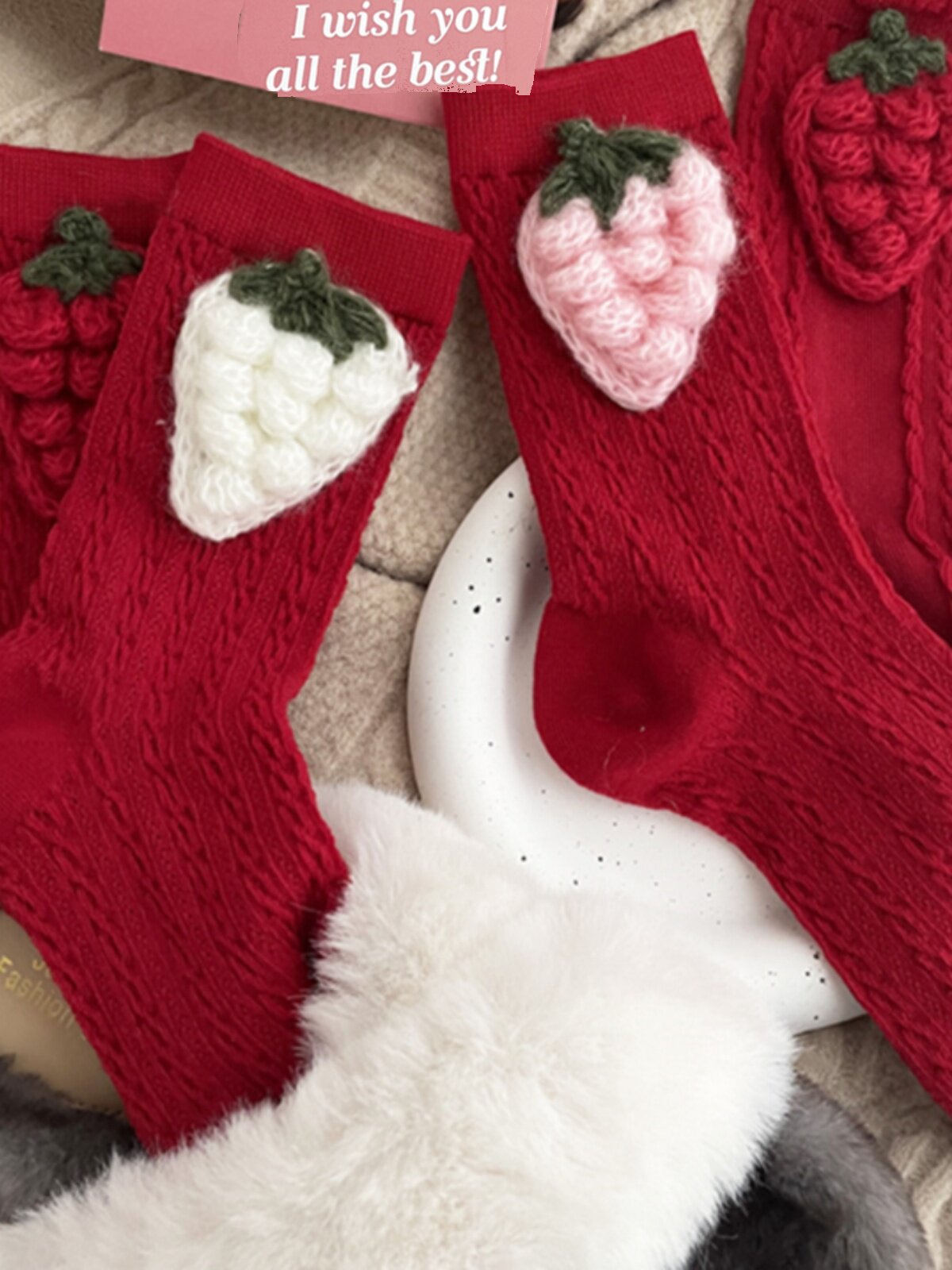 여성용 달콤한 레드 미드 종아리 양말 귀여운 딸기 리본 버건디 새해 동물의 해 인터넷 연예인 트렌드