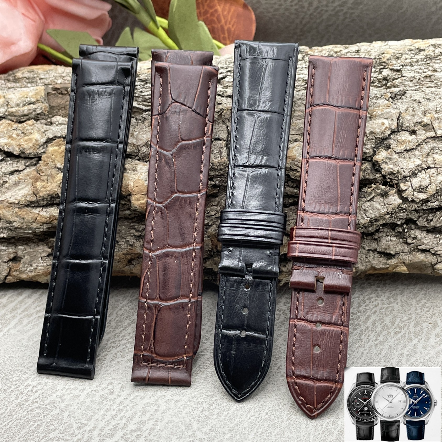 适用欧米茄蝶飞表带 男真皮原装海马超霸Omega针扣折叠扣手表带20