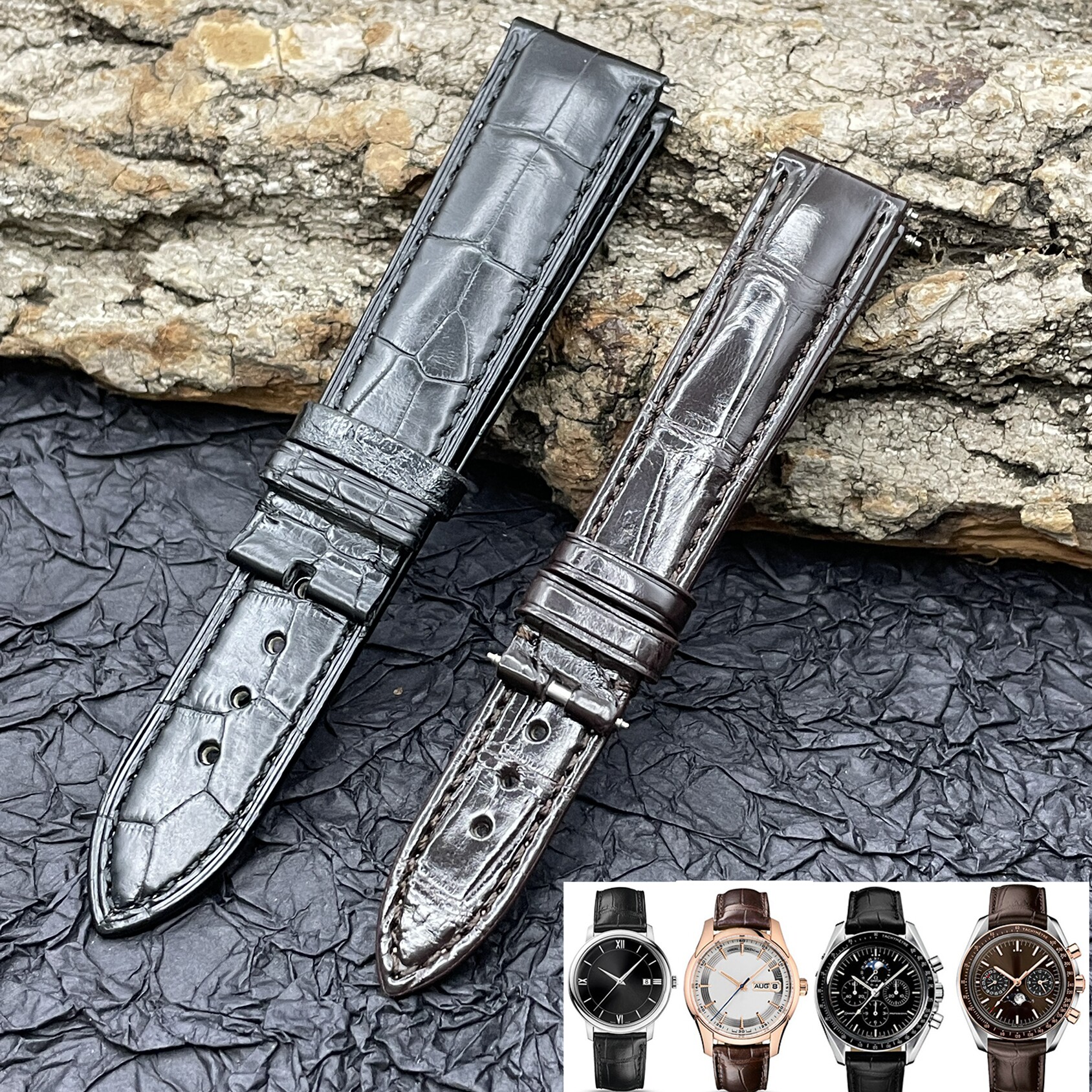 梦诗纯适配欧米茄蝶飞超霸海马美洲双面鳄鱼皮竹节纹表带20 22mm