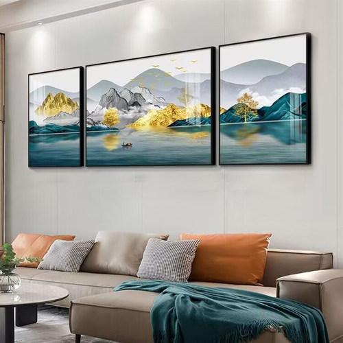 背靠金山客厅装饰画现代简约三联画沙发背景墙挂画轻奢山水晶瓷画