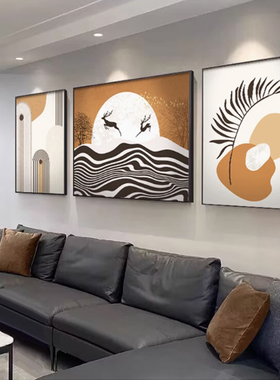轻奢抽象客厅装饰画现代简约大气沙发背景墙挂画橙色线条三联壁画