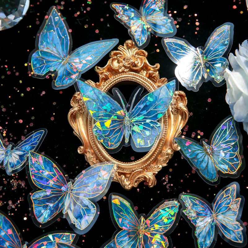 蝶影之迹PVC镭射烫金手账贴纸蝴蝶盐系咕卡手帐拼贴装饰素材贴画