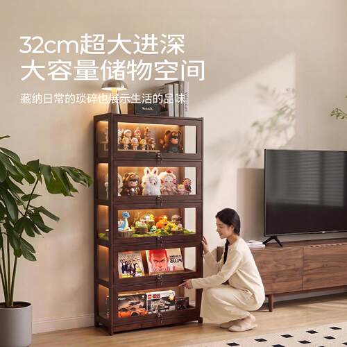 尘潮明玩带手办展示柜亚克防力带锁灯玩偶娃娃透收纳柜子家用落地
