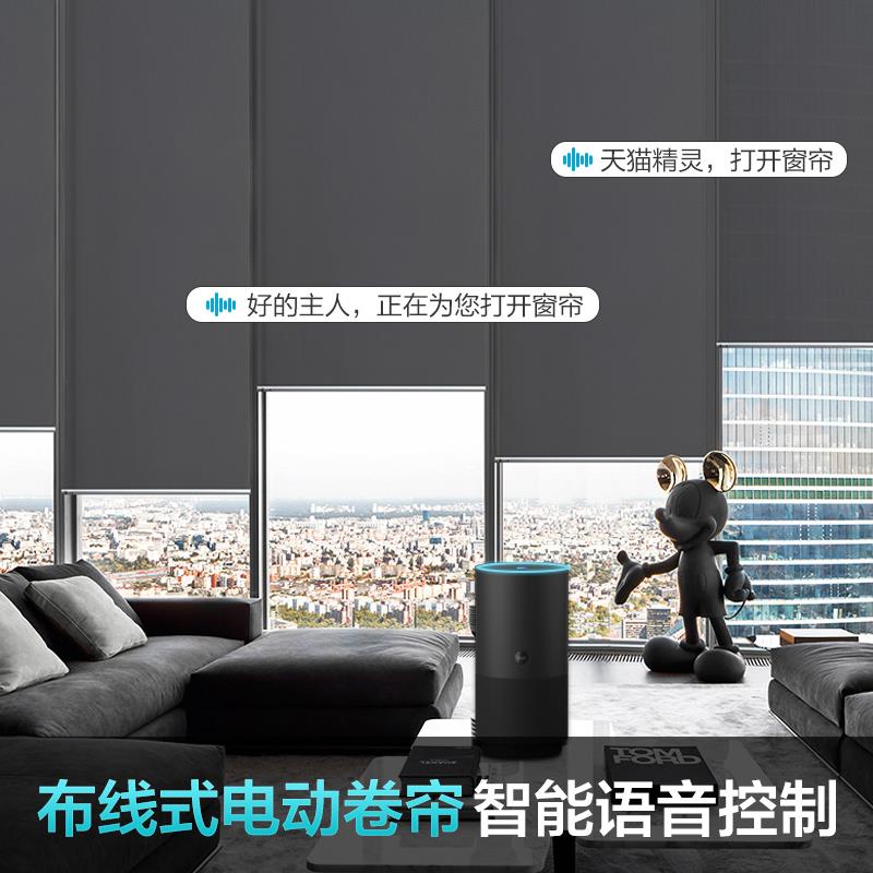 亚马逊美式罩盒电动卷帘能遥器智遮升降帘卷拉式控全光纯黑色窗帘