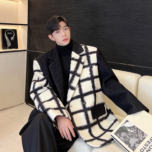 秋冬小香風(fēng)格子重磅羊羔毛呢料拼接大版廓形西裝 W0529 P175圖片