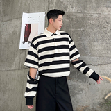 秋款设计黑白撞色条纹可拆卸拉链两穿POLO翻领T恤T0481P85，男装Polo衫，电商C219