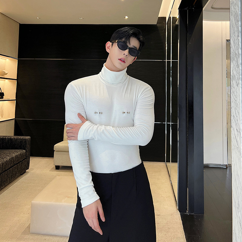 秋冬设计师百搭紧身可拆卸乳钉高领内搭打底衫两色T0657P60,男装T恤,电商C219