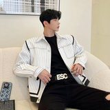 2024春款韩版复古白色条纹拼皮牛仔夹克短外套P120W0214，男装夹克，电商C219