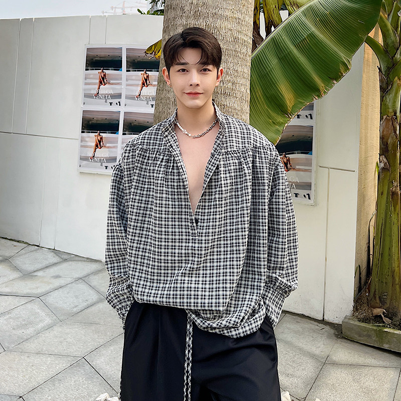 2024春夏设计师休闲宽松格子飘带抽皱娃娃衫男女C0424P80,男装衬衫,电商C219