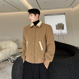 秋冬秀款韩版设计师短款卡其粗纺斜纹拼皮夹克外套W0519P150，男装夹克，电商C219
