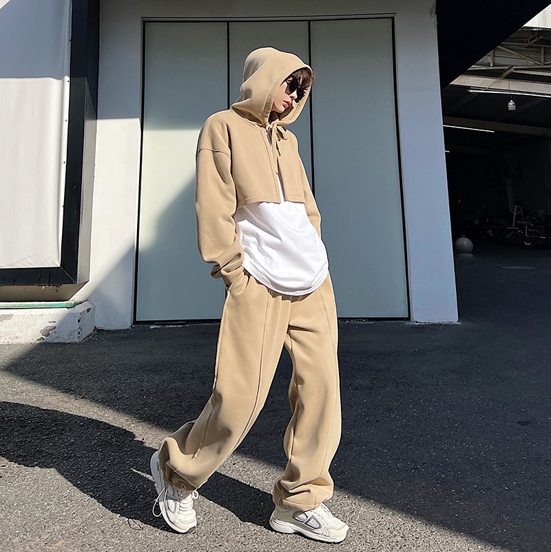 早春韩版重磅加绒加厚针织卫衣卫裤套装两色男女W0553P190,男装休闲套装,电商C219