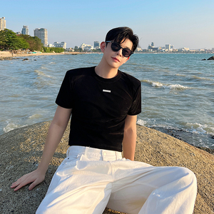夏款百搭修身丝绒网眼透气修身短款垫肩T恤两色男女T0585 P60图片