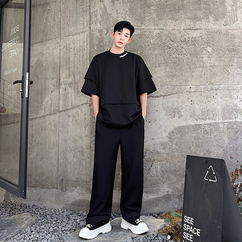 夏款设计师解构拼接珍珠装饰空气针织圆领短袖T恤T0613P75,男装T恤,电商C219