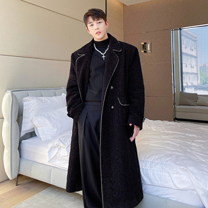 ins秋冬秀款超长款高品质毛呢重工镶金属珠边大衣 W0352 P190图片