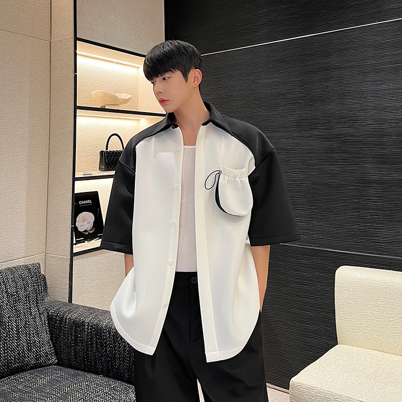 2024夏款设计立裁解构空气层针织撞色拼接短袖衬衫C0542P80，男装衬衫，电商C219