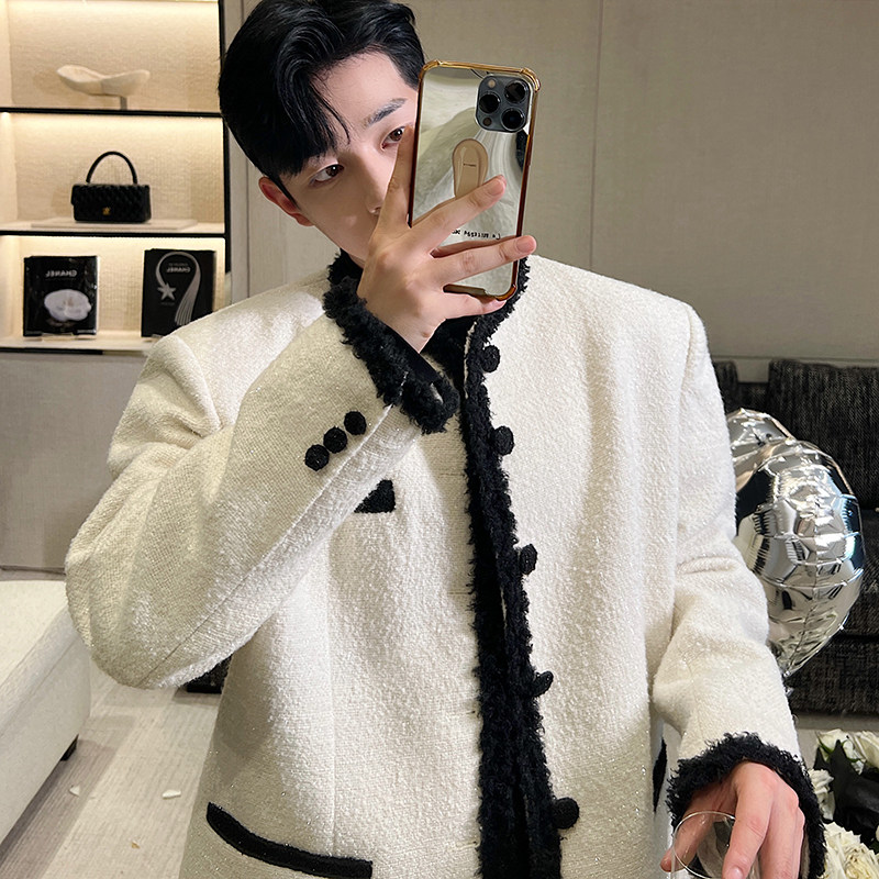 秋冬原创设计韩版百搭羊毛粗纺撞色长毛织带小香风外套W0628P185，男装夹克，电商C219