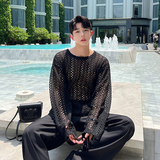 夏款设计师度假风宽松百搭镂空编织长袖T恤两色男女T0588P75，男装T恤，电商C219