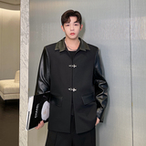2024春设计师个性新中式解构拼皮金属飞机扣西装W0413P125，男装西服，电商C219