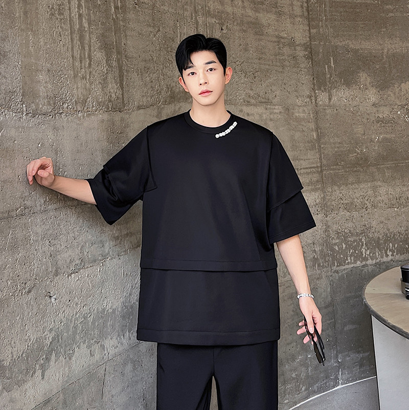 夏款设计师解构拼接珍珠装饰空气针织圆领短袖T恤T0613P75,男装T恤,电商C219
