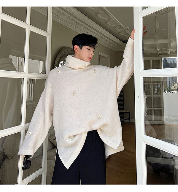 秋冬设计小香风宽松定制手工珍珠小花装饰高领毛衣W0638P120,男装T恤,电商C219