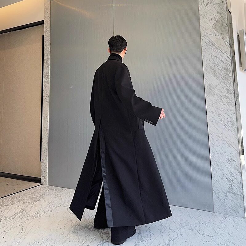 落肩袖长款春季中长款宽松型风衣宽松黑色帅气气质时尚休闲双面,男装毛呢大衣,电商C219
