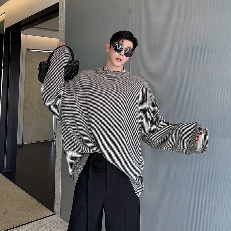 24秋冬韩版老钱宽松廓形oversize百搭条纹针织长袖打底T0713P80,男装T恤,电商C219