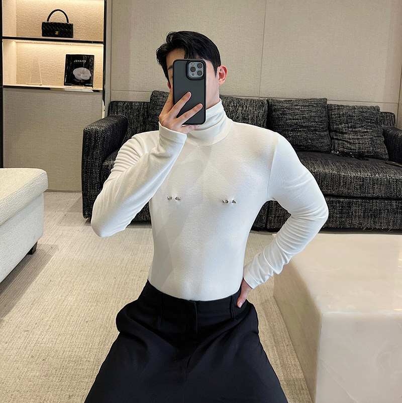 秋冬原创设计师百搭紧身可拆卸乳钉高领内搭打底衫两色T0657P60,男装T恤,电商C219