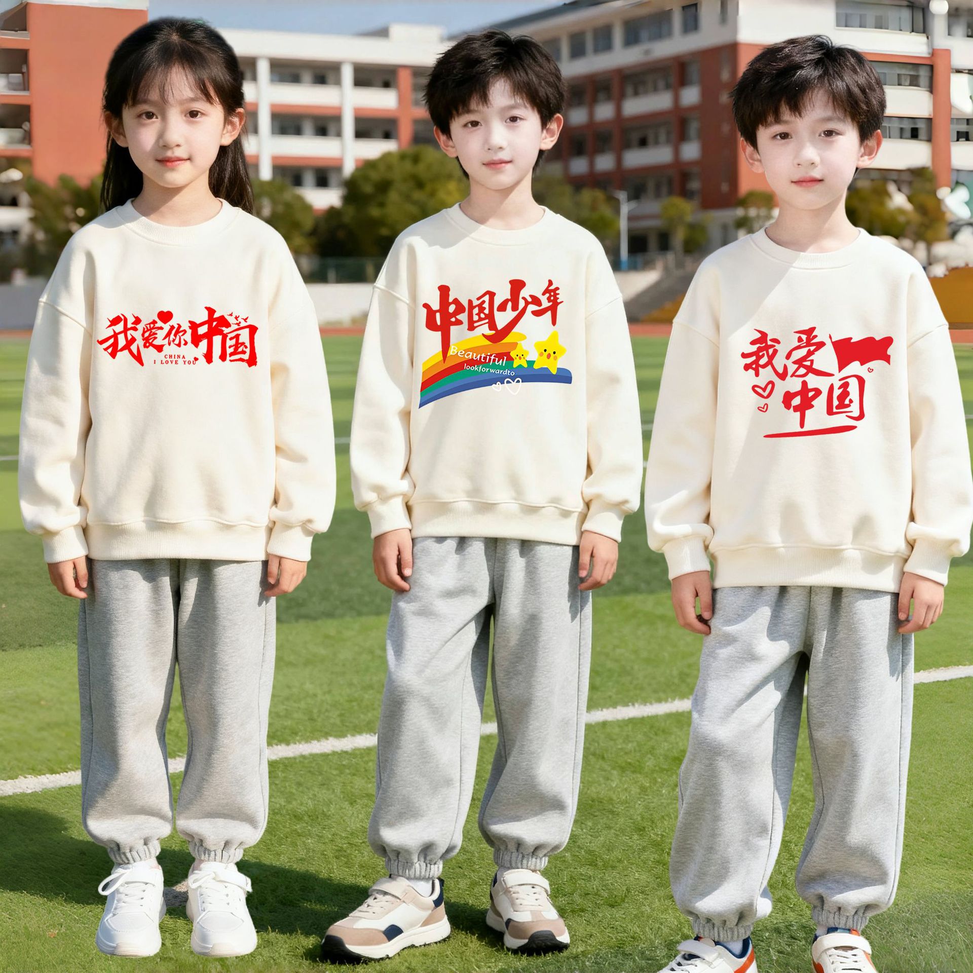 套装两件套米白色卫衣浅灰色卫裤学生活动班服国庆元旦活动爱国潮