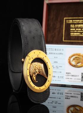 24k包金鹰头真鸵鸟皮皮带商务真皮高档礼盒装送礼轻奢侈正品腰带