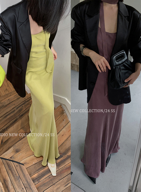 十三粥 御紫甜茶 性感铜氨丝光泽感露背长裙显瘦修身吊带连衣裙夏