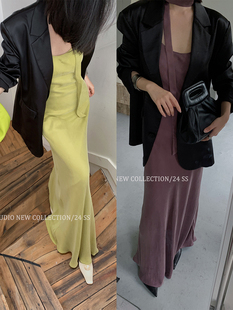 吊带连衣裙夏 性感铜氨丝光泽感露背长裙显瘦修身 十三粥 御紫甜茶