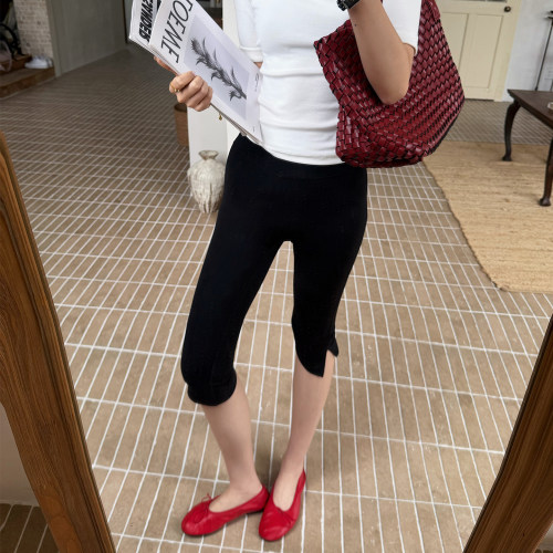 十三粥 90年代 夏季中腰高弹力修身运动显瘦外穿开叉薄款七分裤女