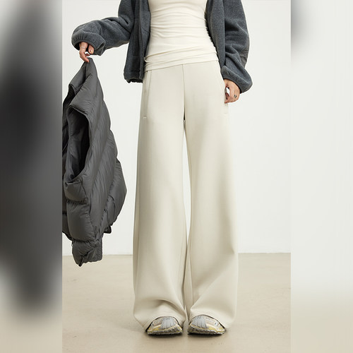 十三粥 腿线公式 极简松紧腰直筒长裤女宽松遮肉时尚百搭通勤实穿