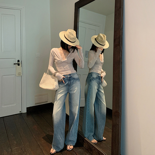 女 复古直筒宽松显瘦高腰设计感浅色水洗牛仔裤 十三粥 不焦虑牛仔