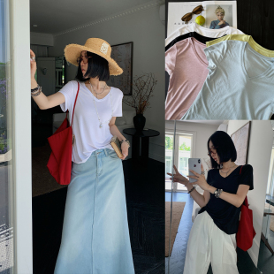 亲肤透气松弛感短袖 十三粥 V领纯色T恤女夏季 呼吸 上衣 简约圆领