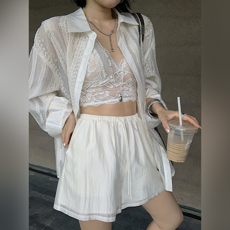 十三粥 透夏 莱赛尔重工刺绣衬衫女夏防晒透气垂顺松紧腰短裤套装