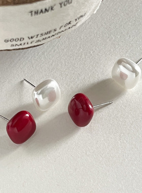 925纯银方形珍珠耳钉女红色简约小众设计甜美名媛风气质耳饰