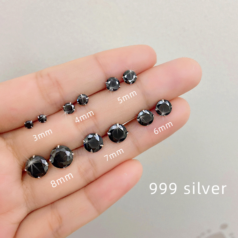 银耳钉999纯银一粒钻石黑钻简约小巧男女闪钻防过敏耳骨钉耳饰品