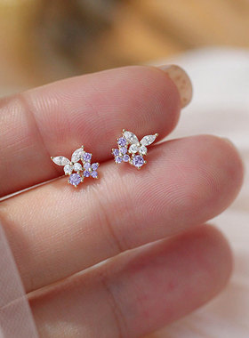 S925纯银薰衣草紫色蝴蝶锆钻精致轻奢气质小耳钉耳环优雅百搭耳饰