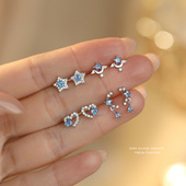 S999纯银小清新浅蓝五角星耳钉女流苏时尚 小众轻奢排钻耳骨钉耳蜗