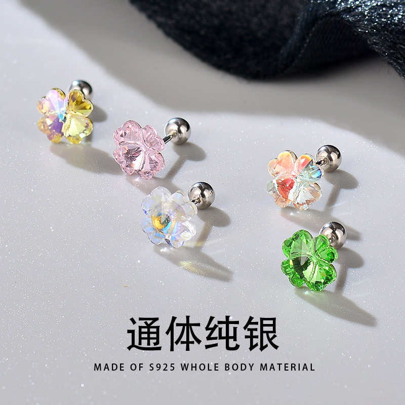 s925纯银时尚女四叶草耳钉螺丝