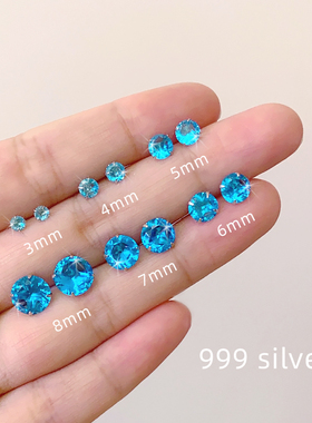 银耳钉999纯银一粒钻石蓝钻简约小巧男女闪钻防过敏耳骨钉耳饰品