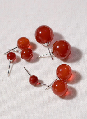s925纯银圆形红玛瑙耳钉红色耳钉过年时尚轻奢ins风小众耳饰品