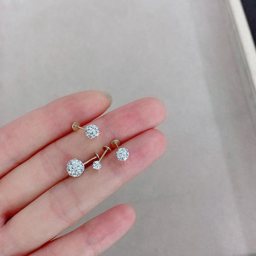 s925纯银女平底螺丝耳钉满钻球