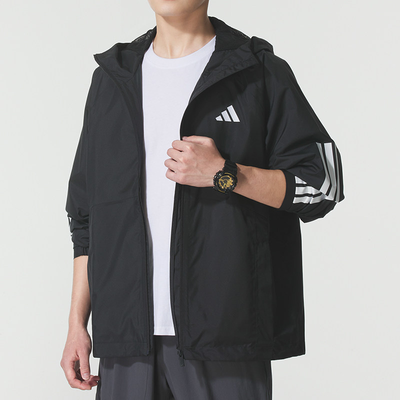 阿迪达斯男装运动服2026春款梭织连帽夹克防雨休闲外套