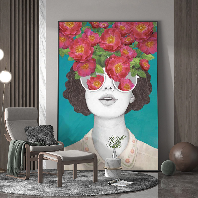 现代轻奢客厅玄关人物装饰画戴墨镜美女创意欧式背景墙壁竖版挂画
