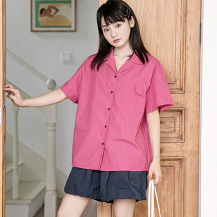 理想岛 古巴领玫红色短袖衬衫女2026夏季新款设计感口袋宽松开衫